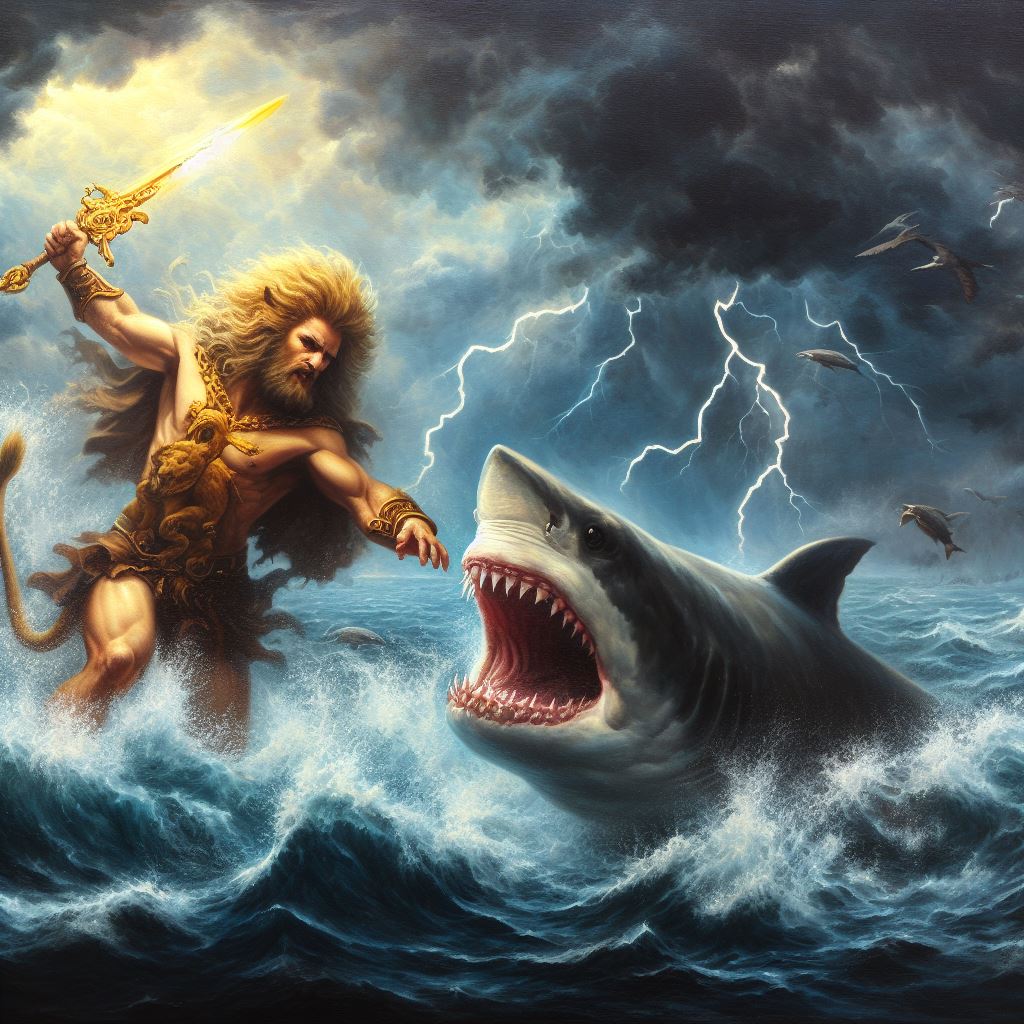 Hercules Fighting A Shark Digital Matte Painting Art Print