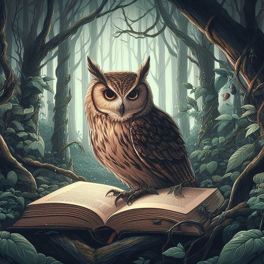 Owl Standing on an Open Book in The Forest Digital Painting Art Print