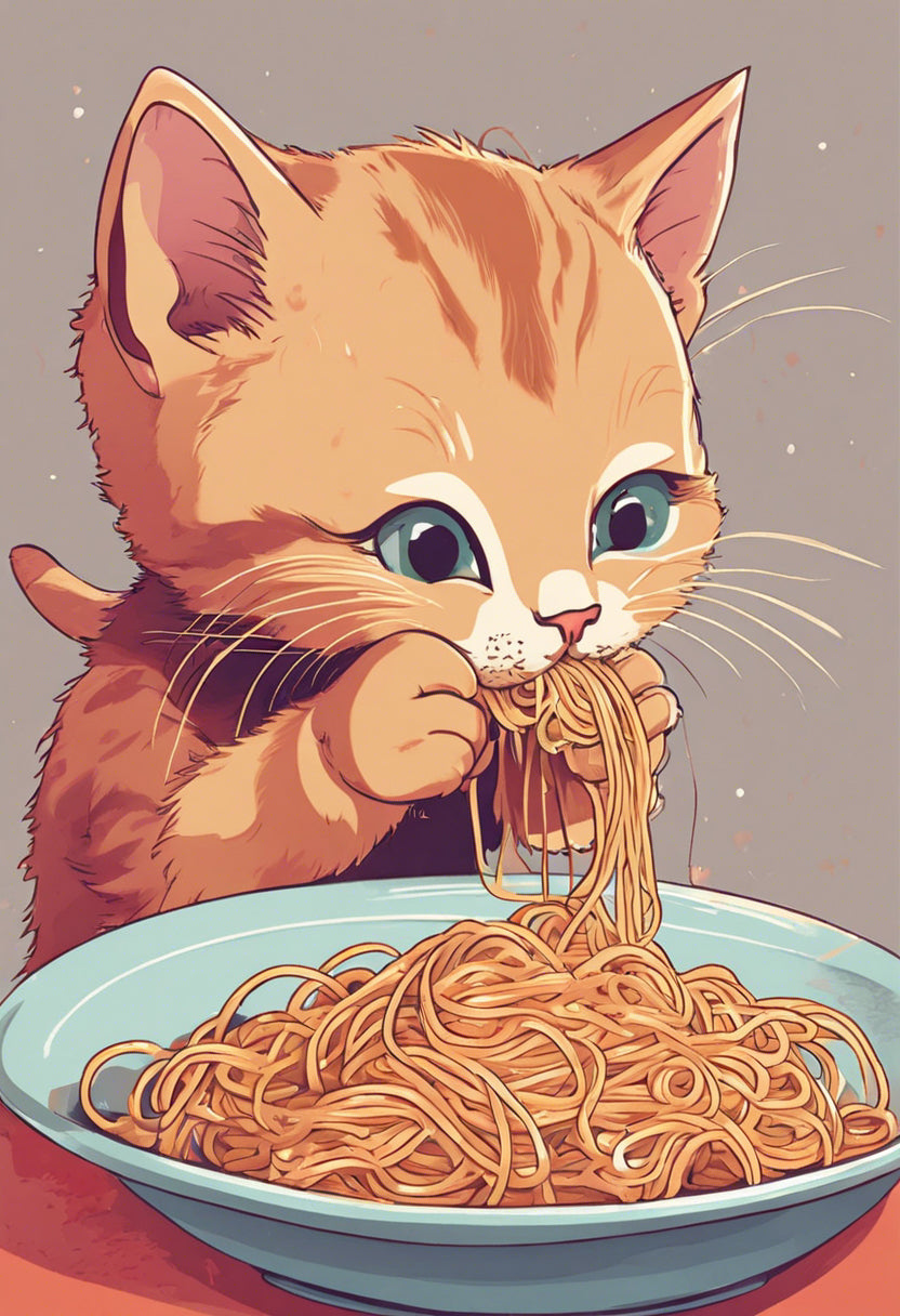 A Kitten Eating Spaghetti Illustration I Art Print