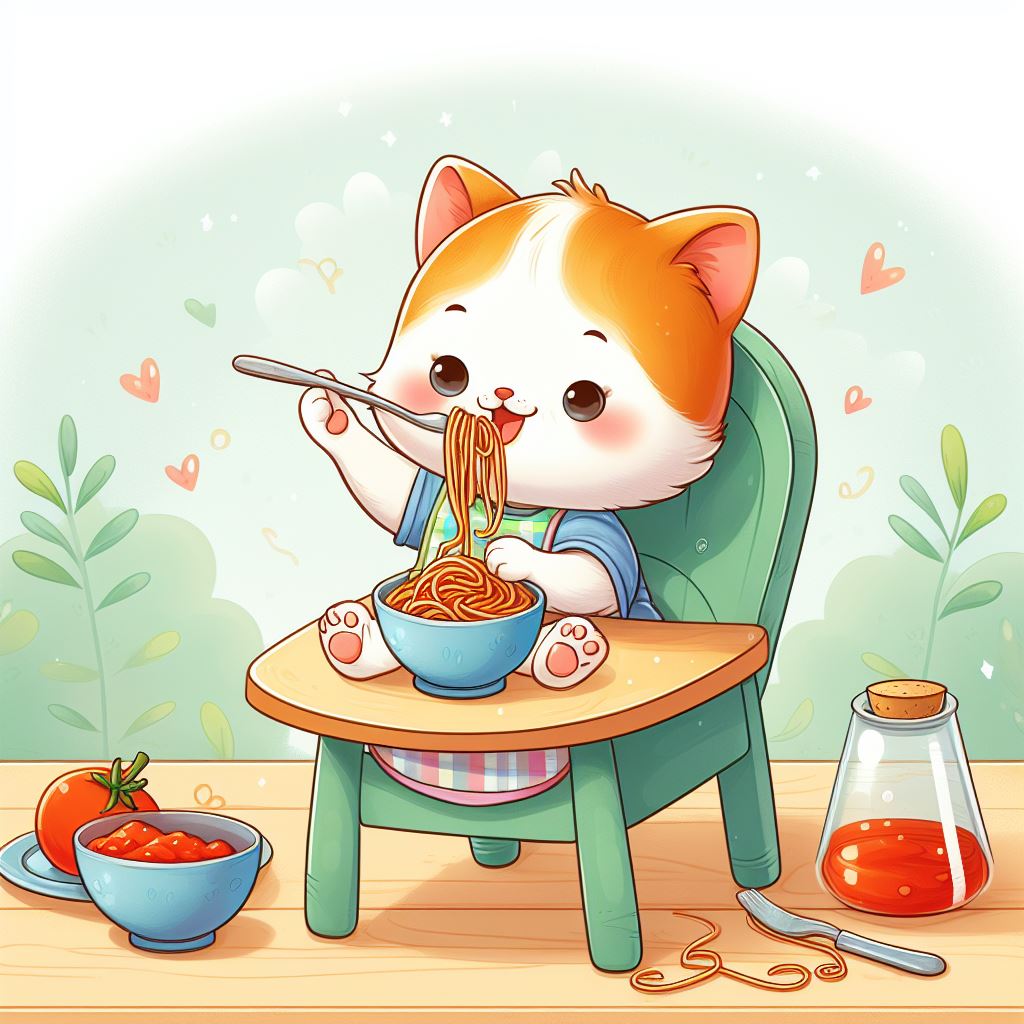 A Kitten Eating Spaghetti Illustration II Art Print