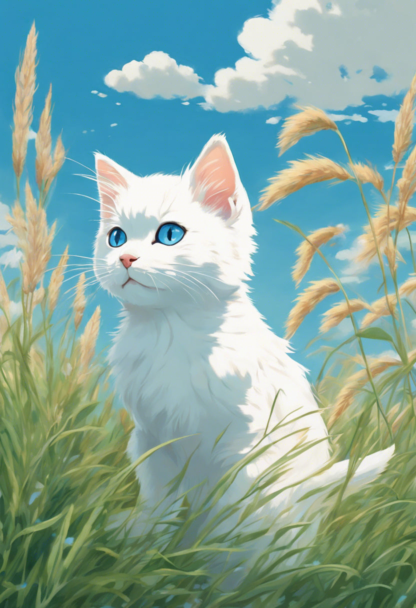 White Kitten in The Grass Illustration Art Print