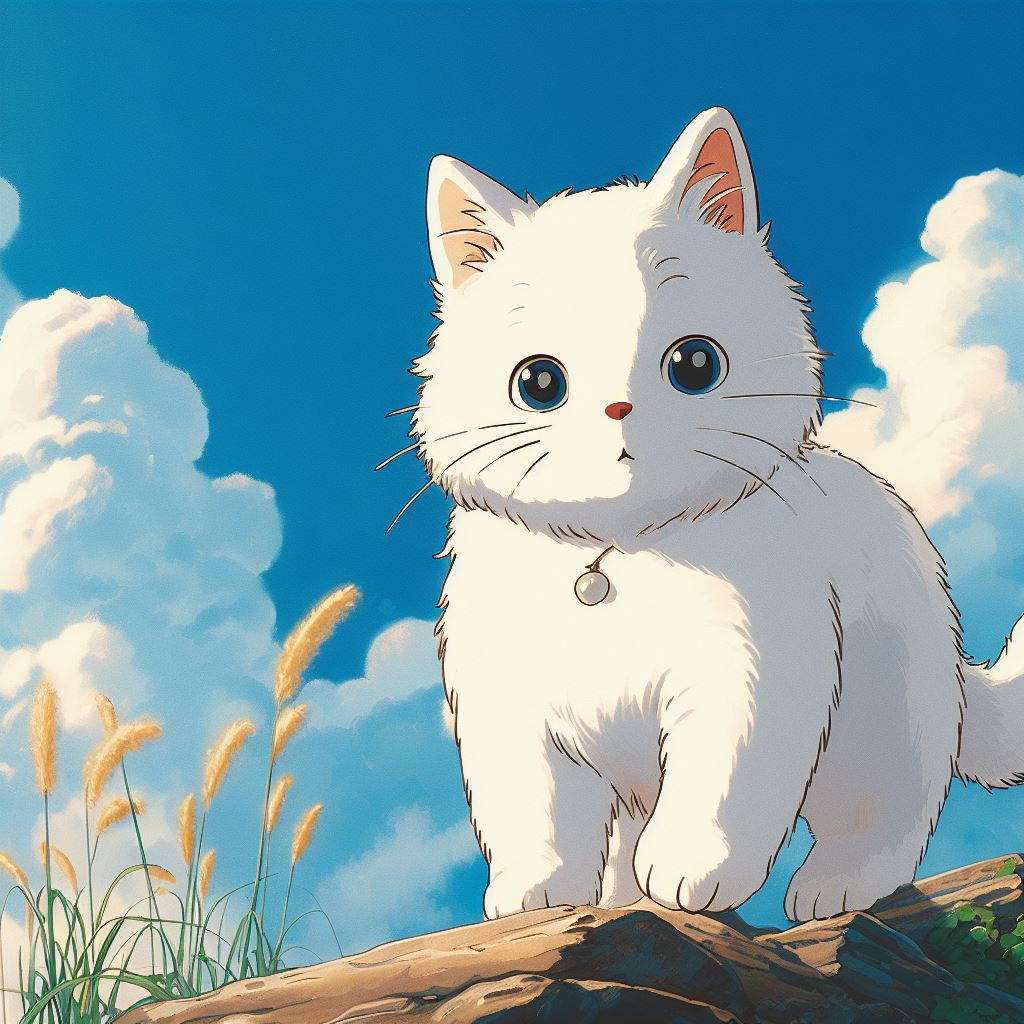 Cute White Kitten in The Grass Illustration Art Print