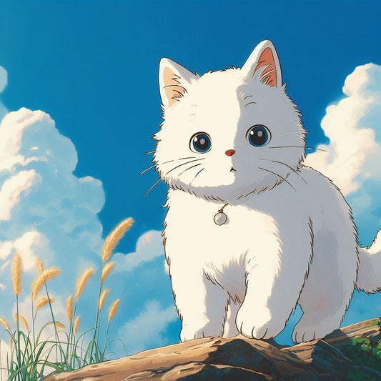 Cute White Kitten in The Grass Illustration Art Print