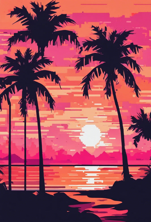 Pixelated Beach Scene with Palm Trees Art Print