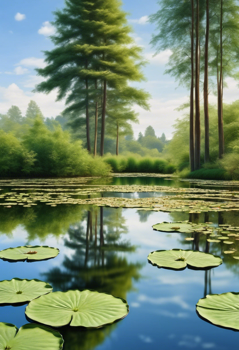 Tranquil Pond Surrounded by Tall Trees Photograph I Art Print