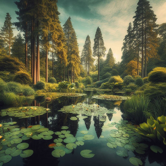 Tranquil Pond Surrounded by Tall Trees Photograph II Art Print