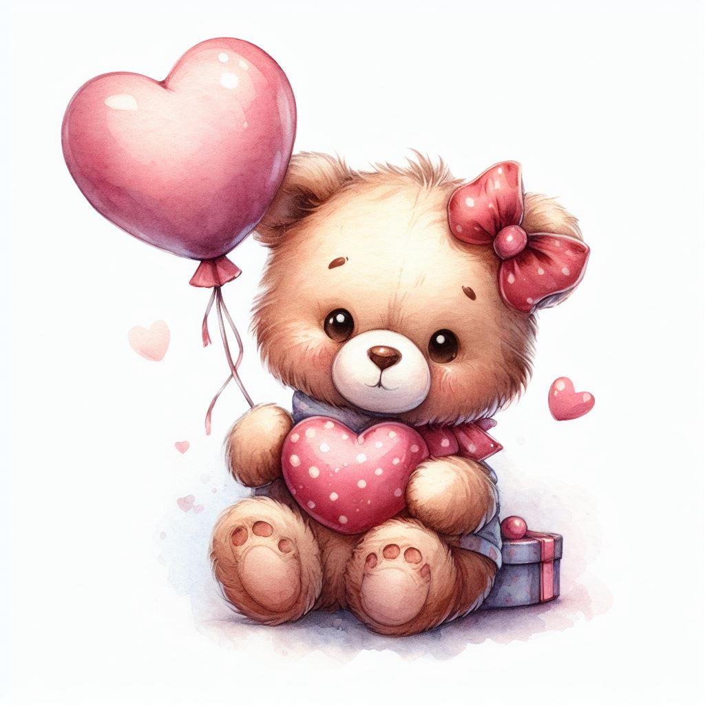 Cute Bear with Heart Balloons Illustration II Art Print