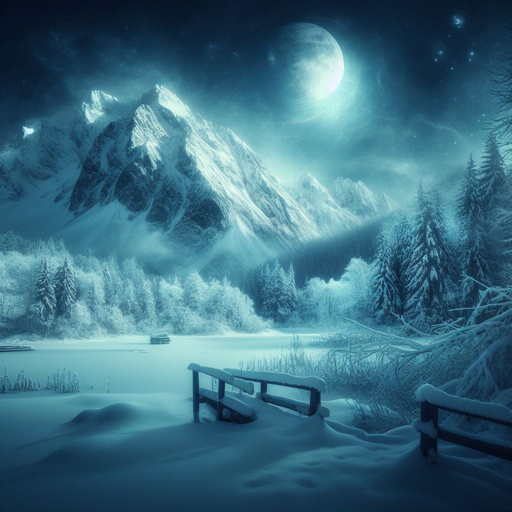 Snowy Midnight Scene in Winter Matte Painting Art Print