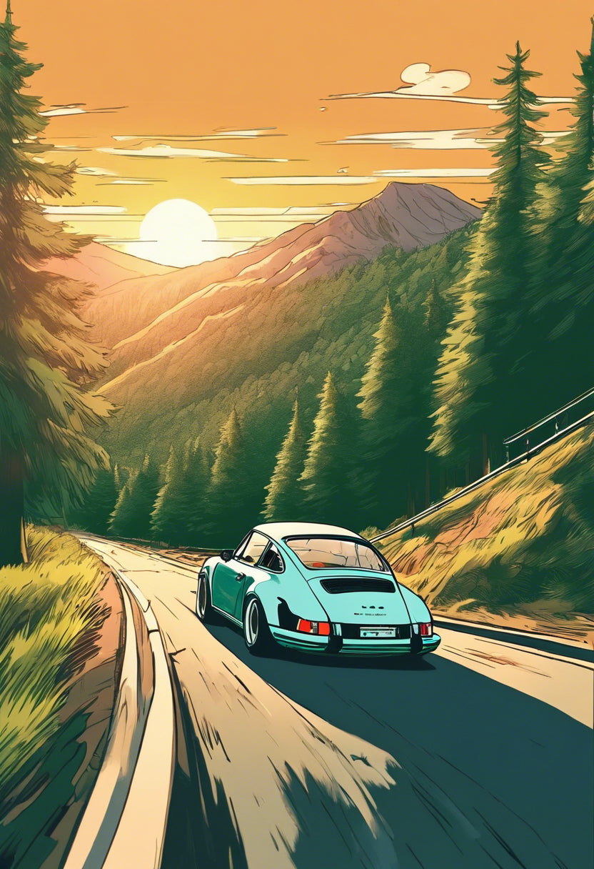 Porsche Driving Down A Mountain Road Illustration I Art Print