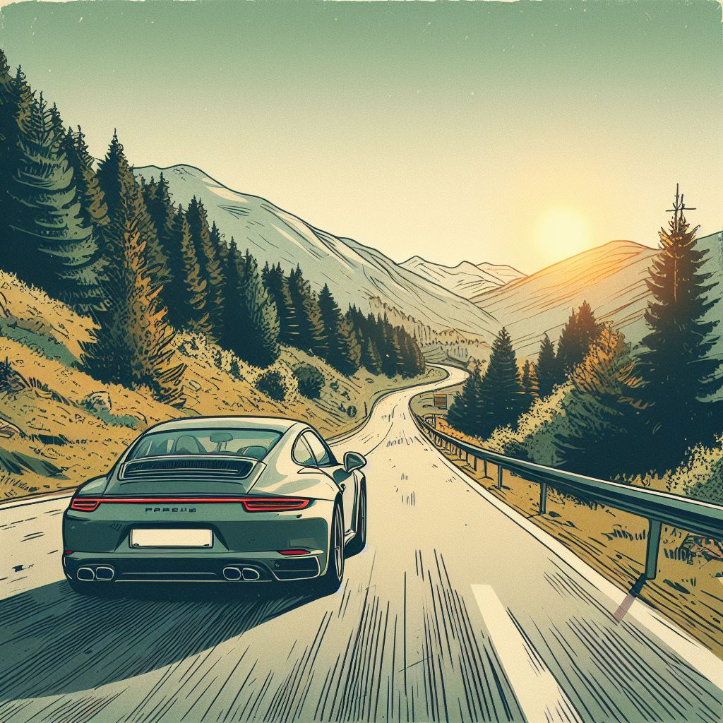 Porsche Driving Down A Mountain Road Illustration II Art Print