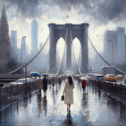 Woman on Bridge in New York Oil Painting Art Print