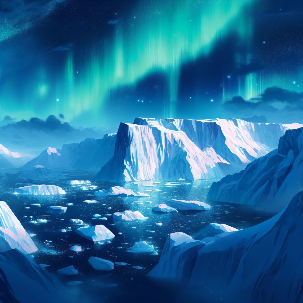 Icebergs and Norther Lights Illustration Art Print