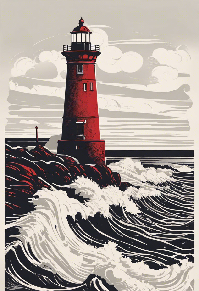 Red Lighthouse on The Shore Letterpress I Art Print