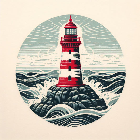 Red Lighthouse on The Shore Letterpress II Art Print