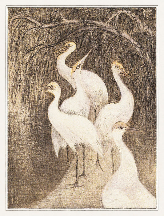 Zes kraanvogels aan de waterkant by Theo van Hoytema