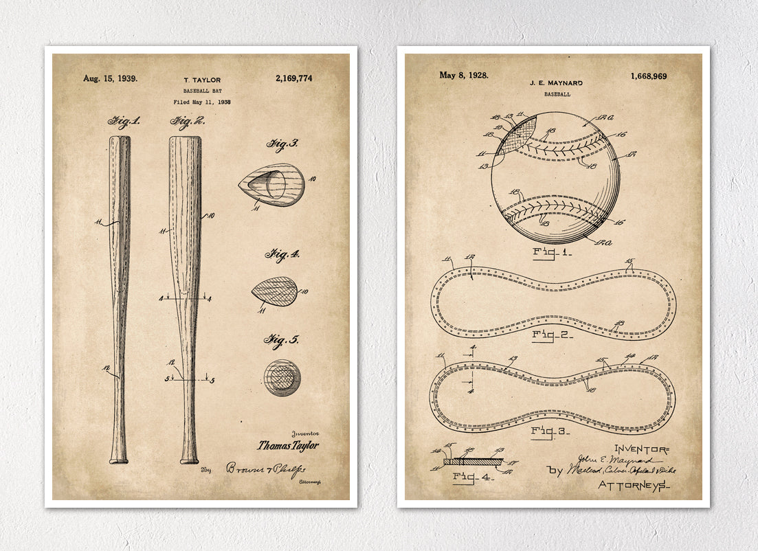 Baseball Patent Art Prints - Set of Two 12"x18" Wall Art Prints