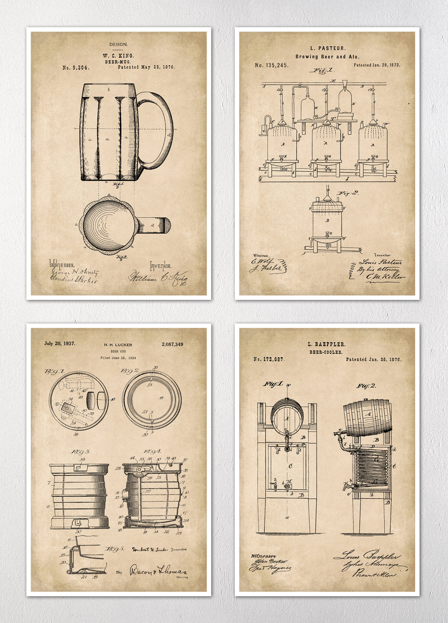 Beer Patent Art Prints - Set of Four 12"x18" Wall Art Prints