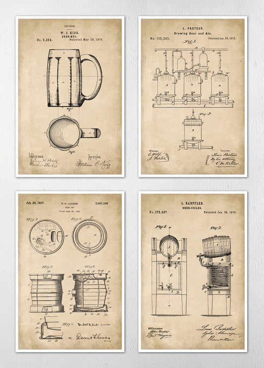 Beer Patent Art Prints - Set of Four 12"x18" Wall Art Prints