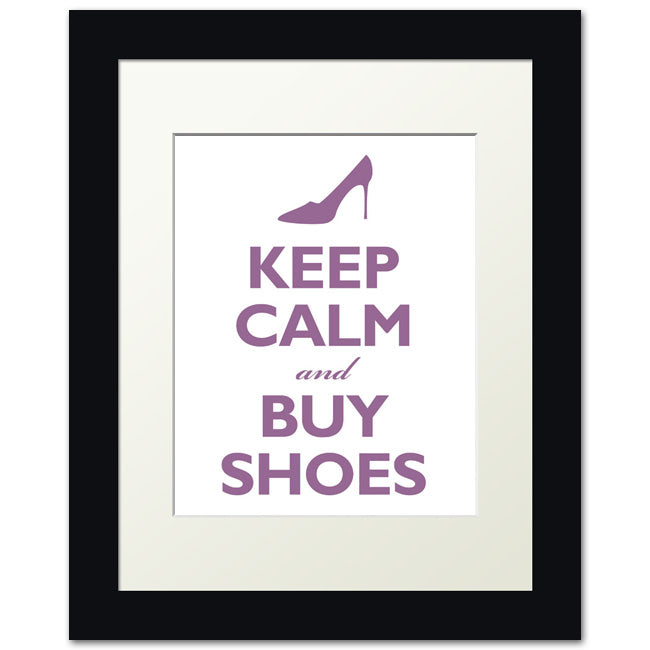 Keep Calm and Buy Shoes, framed print (purple and white)
