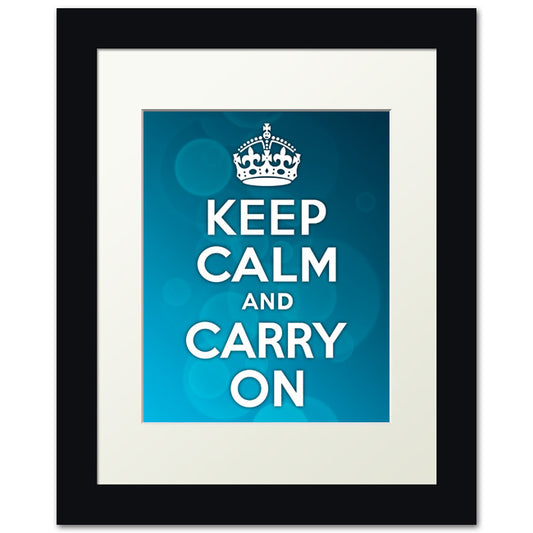 Keep Calm And Carry On, framed print (blue bubble background)