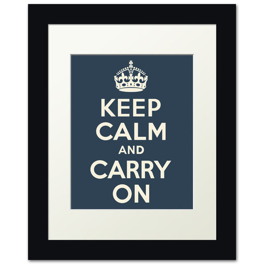 Keep Calm And Carry On, framed print (navy)
