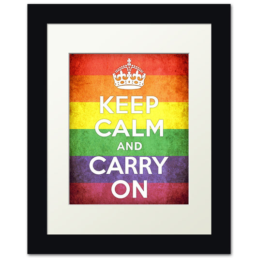 Keep Calm And Carry On, framed print (grunge rainbow pattern)