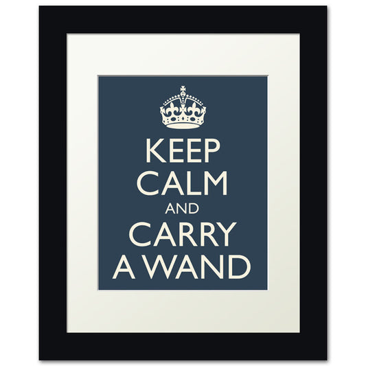 Keep Calm and Carry A Wand, framed print (navy)