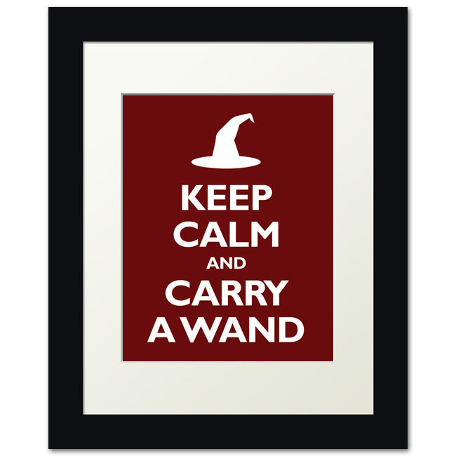 Keep Calm and Carry A Wand, framed print (dark red)