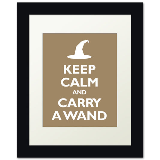 Keep Calm and Carry A Wand, framed print (khaki)