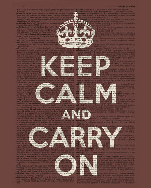 Keep Calm and Carry On, premium art print (brown with dictionary text)