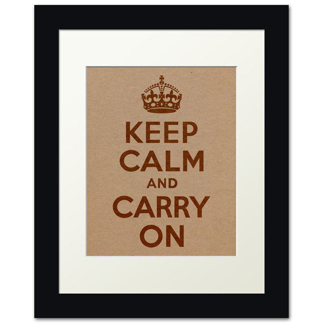 Keep Calm And Carry On, framed print (cardboard background, brown text)
