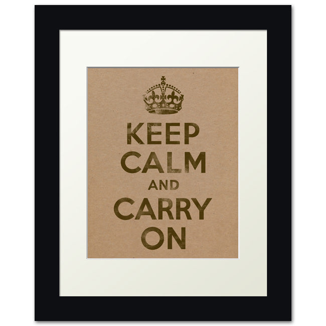 Keep Calm And Carry On, framed print (cardboard background, dark green text)
