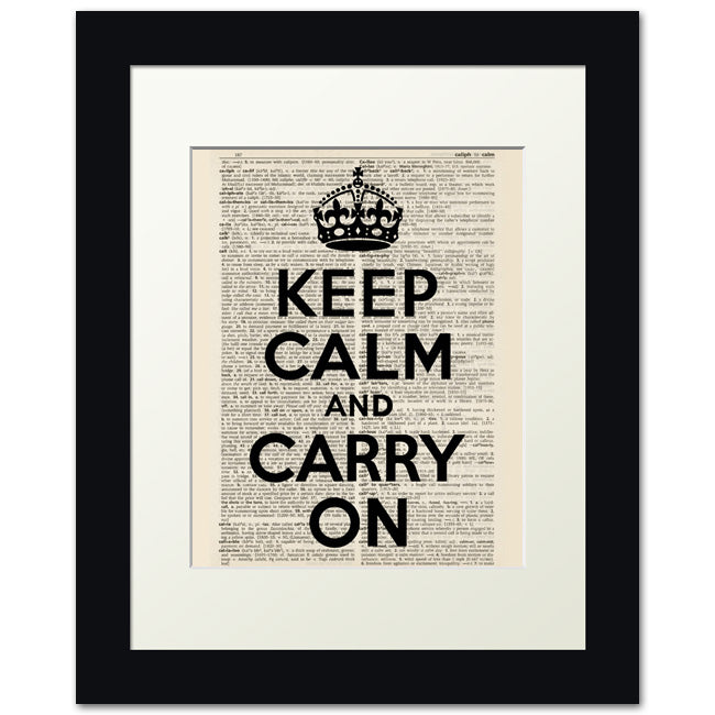 Keep Calm And Carry On, framed print (dictionary background, black text)