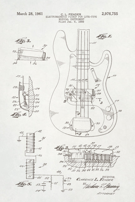 Fender Bass Guitar Patent Art Poster Print
