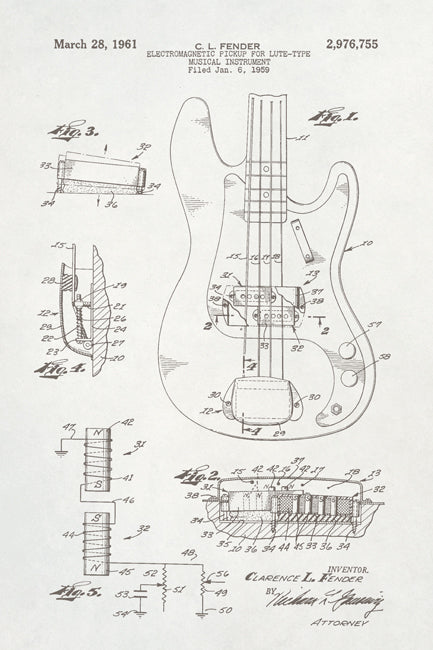 Fender Bass Guitar Patent Art Poster Print