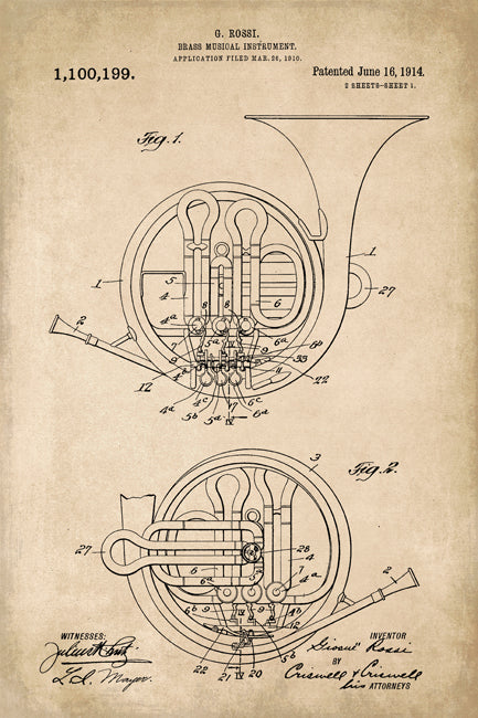 French Horn Musical Instrument Patent Art Print