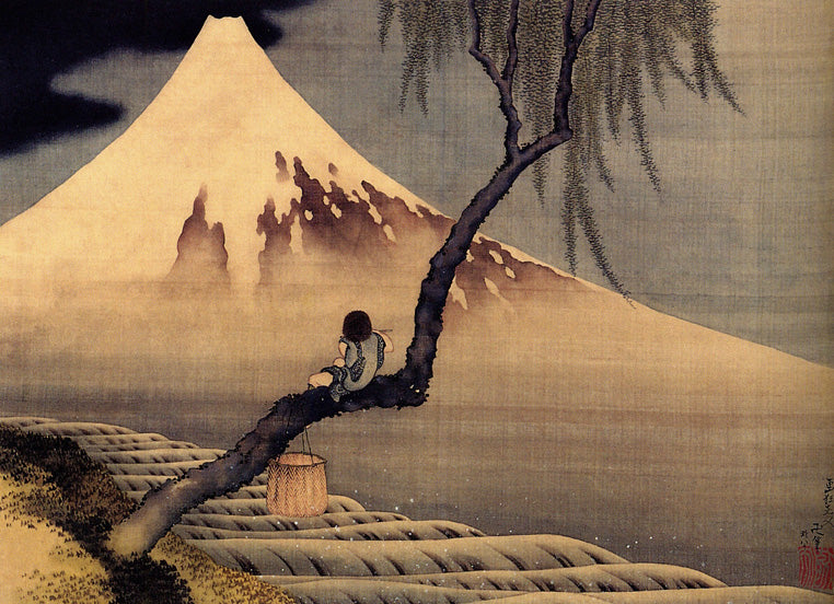 Boy In Front Of Fujiama by Katsushika Hokusai, art print