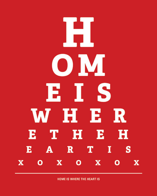 Home Is Where The Heart Is, eye chart art print (classic red)