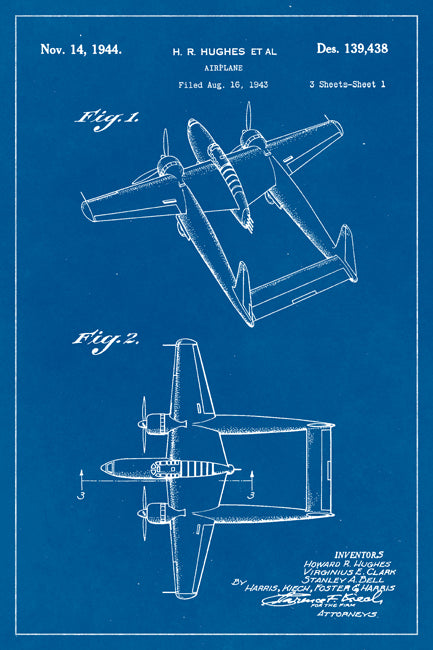 Howard Hughes Airplane Blueprint Art Poster