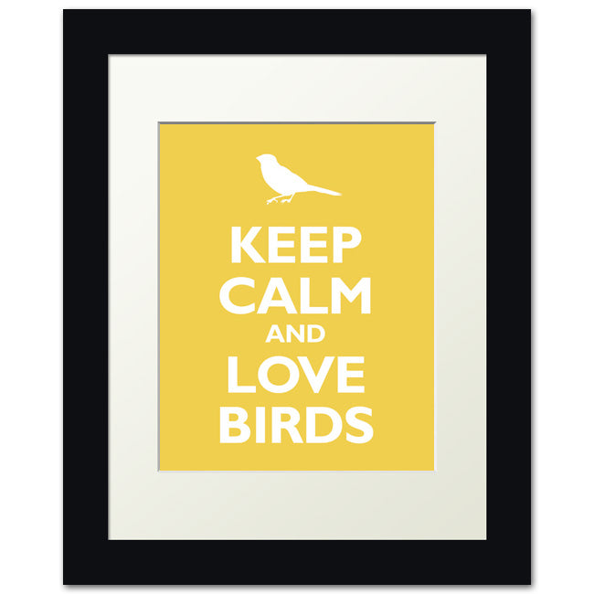 Keep Calm and Love Birds, framed print (mustard)