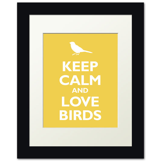 Keep Calm and Love Birds, framed print (mustard)