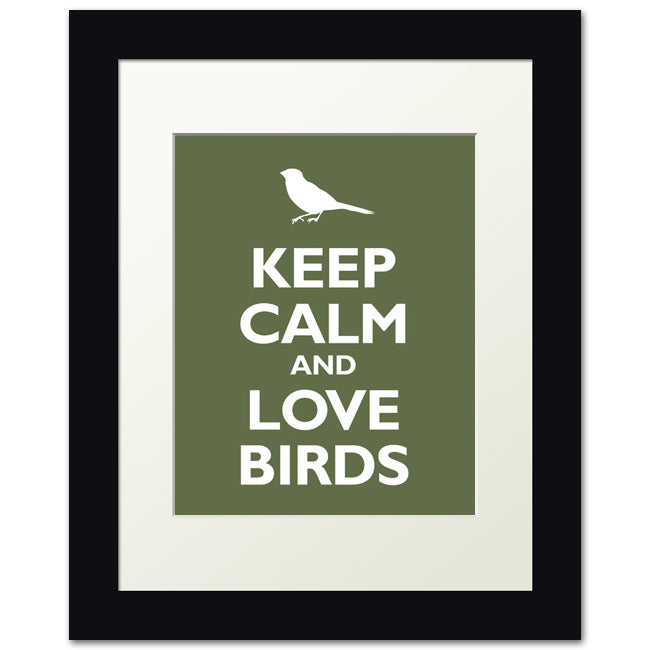 Keep Calm and Love Birds, framed print (olive)