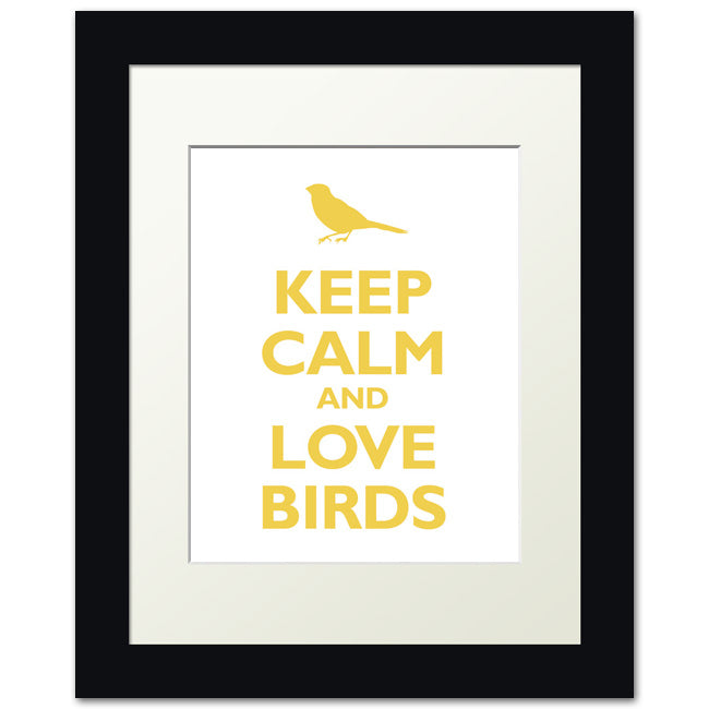 Keep Calm and Love Birds, framed print (mustard and white)