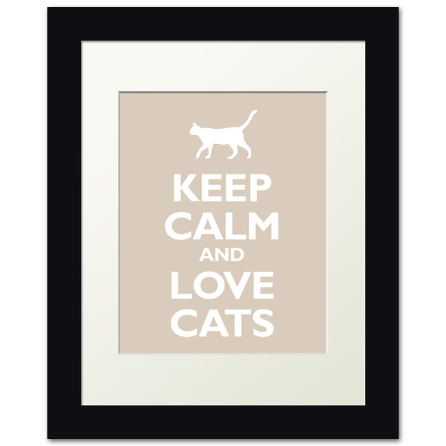 Keep Calm and Love Cats, framed print (light khaki)