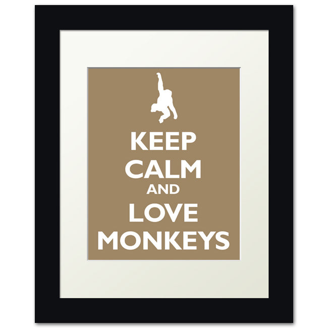 Keep Calm and Love Monkeys, framed print (khaki)