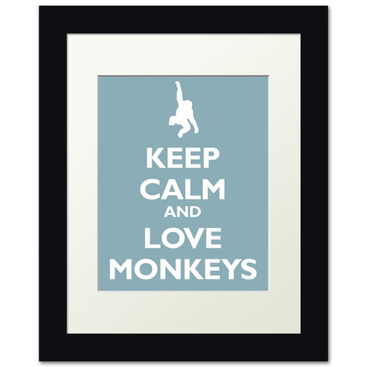 Keep Calm and Love Monkeys, framed print (light blue)