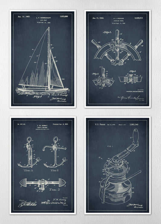 Nautical Patent Art Prints - Set of Four 12"x18" Wall Art Prints
