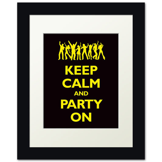 Keep Calm and Party On, framed print (black and yellow)