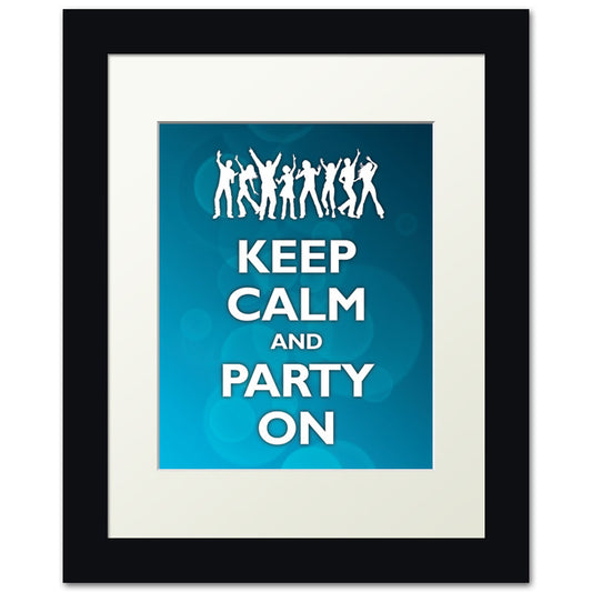 Keep Calm and Party On, framed print (blue bubbles)
