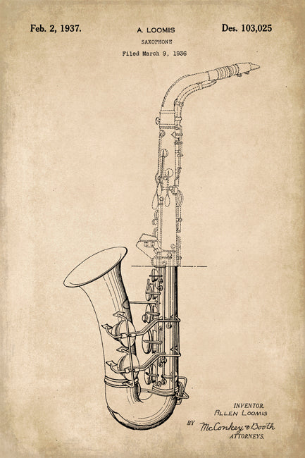 Saxophone Musical Instrument Patent Art Print